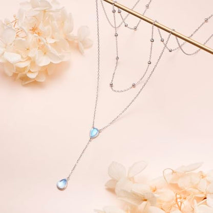 FLYOW Layered Necklace S925 Sterling Silver Y Shaped Jewelry - style: Double Teardrop Moonstones Layered Necklace