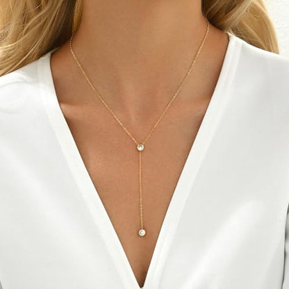 Dainty 18K Gold Plated Lariat Necklace for Women Delicate Y Chain Rose Pearl Diamond Long Drop Necklace Layering Bridal Jewelry Gift - color: 2 CZ-Gold