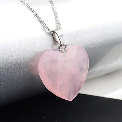 iSTONE 925 Sterling Silver Natural Crytral for Womens Pendant Necklace, Gemstone Birthstone with 17.8" Silver Chain Ladies - color: Heart - Rose Quartz