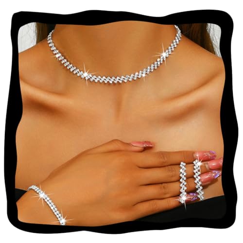 Aukmla Bridal Jewelry Set Silver Sparkly Choker Wedding Necklace Bracelet Earring Sets Prom Necklaces for Women and Brides - color: Silver