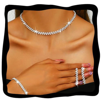 Aukmla Bridal Jewelry Set Silver Sparkly Choker Wedding Necklace Bracelet Earring Sets Prom Necklaces for Women and Brides - color: Silver