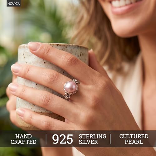 NOVICA Artisan Handmade Pearl Flower Ring Floral Sterling Silver Cocktail Pink Indonesia Birthstone [crownbezel 0.4 in H x 0.6 in Diam. Band Width 3 mm W] 'Love Moon'