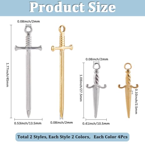 SUNNYCLUE 1 Box 16Pcs 4 Styles Real 18K Gold Plated Sword Charms Bulk Small Dagger Charms Silver Stainless Steel Knife Weapon Dangle Pendants for Jewelry Making Supplies Bookmarks Necklace Crafts DIY