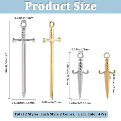 SUNNYCLUE 1 Box 16Pcs 4 Styles Real 18K Gold Plated Sword Charms Bulk Small Dagger Charms Silver Stainless Steel Knife Weapon Dangle Pendants for Jewelry Making Supplies Bookmarks Necklace Crafts DIY