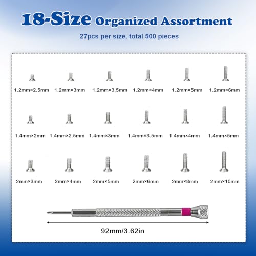 500Pcs Micro Screws Assortment Kit, 18 Sizes M1.2 M1.4 M2 Tiny Screws | for Glasses, Watches, Laptop, Electronics Repair, Stainless Steel, with Screwdriver