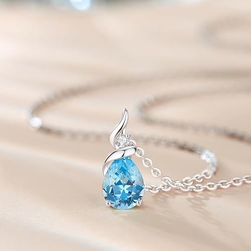 FANCIME 14K Solid White Gold Birthstone Pendant Necklace for Women with Diamond Pear Shaped Teardrop Necklace Birthday Gifts for Mom Women,Sterling Silver Chain 16" + 2" Extender - color: 03-Aquamarine