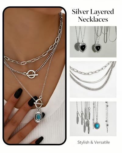FAXHION 73PCS Western Silver Jewelry Set for Women, Boho Layered Necklaces & Stackable Rings Set, 14 Necklaces 15 Bracelets 26 Earrings 18 Knuckle Rings, Vintage Costume Jewelry Gift