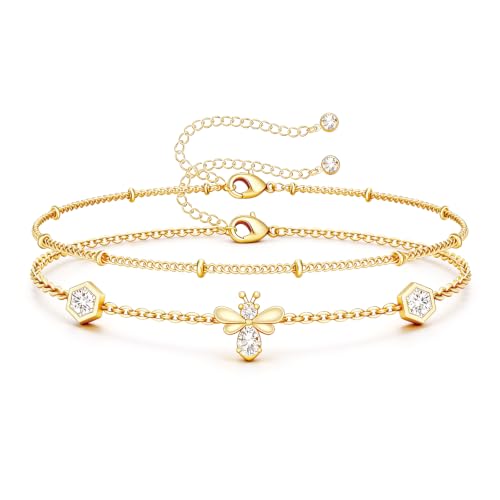 16K Gold Plated Bracelets Set for Women - Dainty Layered Adjustable Hand Chain Bracelet with Cubic Zirconia, Cute Jewelry Gift for Her, Waterproof Hypoallergenic - color: Bee