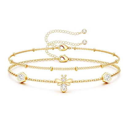 16K Gold Plated Bracelets Set for Women - Dainty Layered Adjustable Hand Chain Bracelet with Cubic Zirconia, Cute Jewelry Gift for Her, Waterproof Hypoallergenic - color: Bee