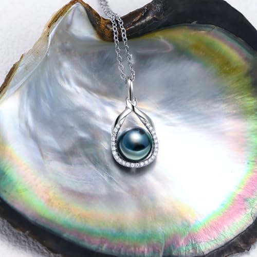 Genuine Tahitian Black Pearl Necklace for Women, 9-11mm AAAA Seawater Pearl with Sterling Silver Moissanite Pendant, Jewelry Gift for Wife, Mom, Girlfriend, Wedding Anniversary, Birthday, Christmas - size: 9-10mm, style: Interwoven Dewdrops