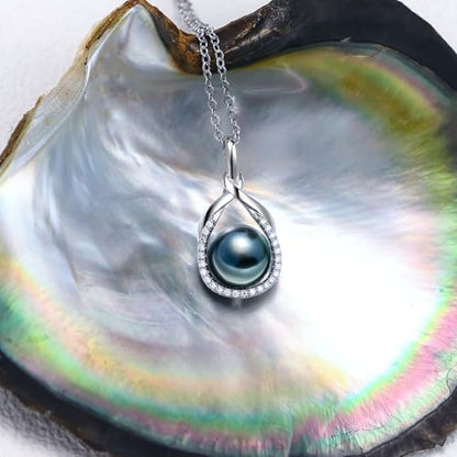 Genuine Tahitian Black Pearl Necklace for Women, 9-11mm AAAA Seawater Pearl with Sterling Silver Moissanite Pendant, Jewelry Gift for Wife, Mom, Girlfriend, Wedding Anniversary, Birthday, Christmas - size: 9-10mm, style: Interwoven Dewdrops