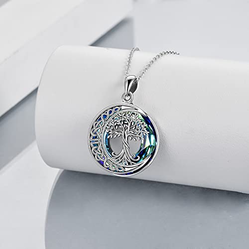 Tree of Life Necklaces S925 Sterling Silver Crystal Tree of Life Pendant Necklace Celtic Knot Moon Tree of Life Jewelry for Women Gifts - color: Blue
