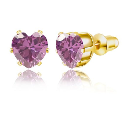 8mm Heart-Cut Birthstone Stud Earrings for Women – 18K Gold Plated Hypoallergenic Cubic Zirconia Earrings, Nickel Free, 12 Months Colors, Everyday Jewelry, Gift for Her, Bridal, Birthday, Christmas - color: 06 Jun Purple