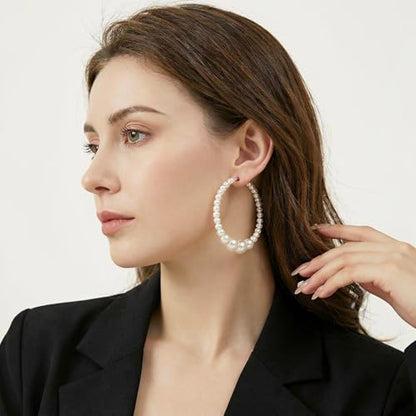 Hoop Earrings for Women, Hypoallergenic Stainless Steel Lightweight Thin Large Big Hoops Earrings Set for Women, Non Tarnish for Jewelry Gift 40MM - color: Pearl Earring-55mm