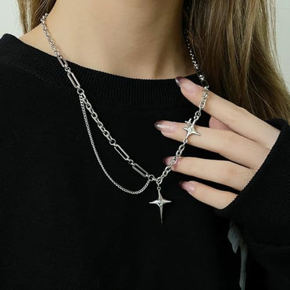 Gothic Cross Star Necklace For Men Women Silver Stainless Steel Cuban Link Paperclip Figaro Bead Chain Punk Kpop Y2k Goth Irregular Layered Cross Pendant Necklace Non Tarnish Jewelry Gift - color: Silver G