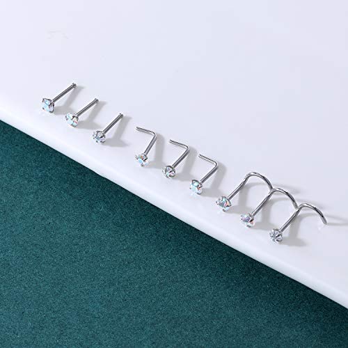 ZS 20G Nose Stud Rings Set, Stainless Steel CZ Nose Piercing Jewelry | Hypoallergenic Nose Bone Rings, L Shaped & Screw Nose Studs, 3mm CZ Stone Nostril Jewelry for Women Men - color: 9pcs Mixed style(AB White)