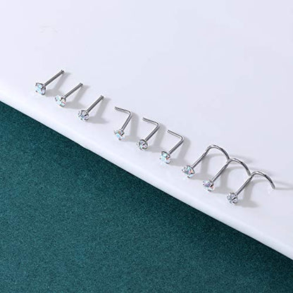 ZS 20G Nose Stud Rings Set, Stainless Steel CZ Nose Piercing Jewelry | Hypoallergenic Nose Bone Rings, L Shaped & Screw Nose Studs, 3mm CZ Stone Nostril Jewelry for Women Men - color: 9pcs Mixed style(AB White)