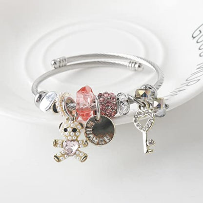 DS Charm Bracelets for girls,exquisite cute cartoon friendship bracelets Silver Stainless Steel Bangle with birthday Gift box, Adjustable girls jewelry Suitable for holiday gifts - style: Silver-pink bear