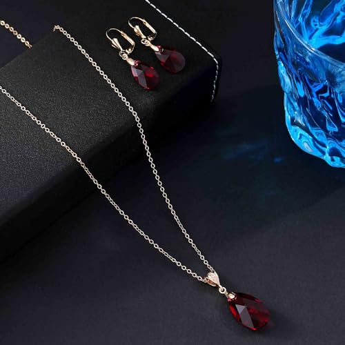 Austrian Crystals Teardrop Pendant Necklace Earrings for Women 14K Gold Plated Hypoallergenic Leverback Drop Dangle Earrings Jewelry Set - color: Fuchsia
