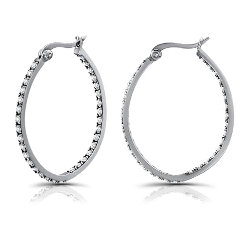 Hoops & Loops 925 Sterling Silver Cubic Zirconia Inside Out Oval Hoop Earrings for Women, 20mm 25mm 30mm - color: 30mm-Silver