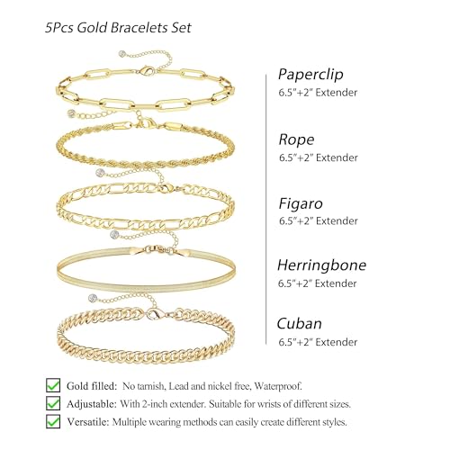 Women's 14K Gold Plated Bracelet Set, Thin Dainty Stackable Chain for Layering, Cuban Link & Paperclip Style Fashion Jewelry, Elegant Gift for Her