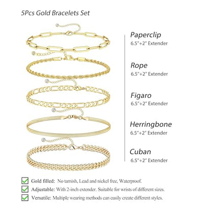Women's 14K Gold Plated Bracelet Set, Thin Dainty Stackable Chain for Layering, Cuban Link & Paperclip Style Fashion Jewelry, Elegant Gift for Her