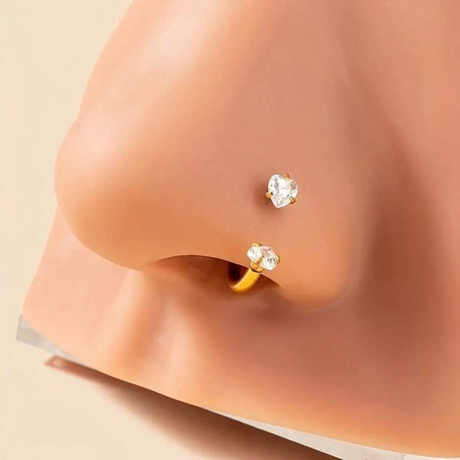 18G 20G Horseshoe Nose Rings Studs,Surgical Steel Nose Ring Pink Cubic Zirconia Nose Piercing,Internally Threaded Nose Rings For Women,Pink and Silver Zirconia - color: 18G-Gold-Heart