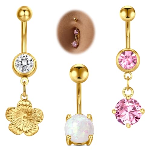 Belly Button Rings Stainless Steel 14G CZ Opal Navel Rings Barbells Women Girls Belly Piercing Jewelry - color: Gold Color-Style B: 3PCS