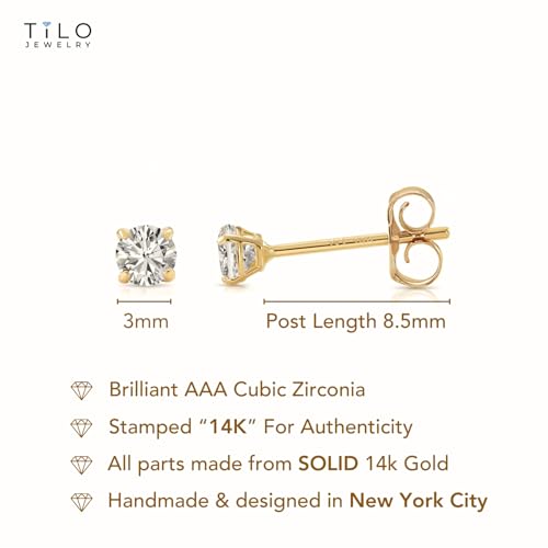 14k Yellow Gold Solitaire Round Cubic Zirconia Stud Earrings - Pushbacks - style: 3mm