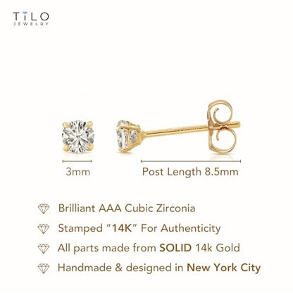 14k Yellow Gold Solitaire Round Cubic Zirconia Stud Earrings - Pushbacks - style: 3mm