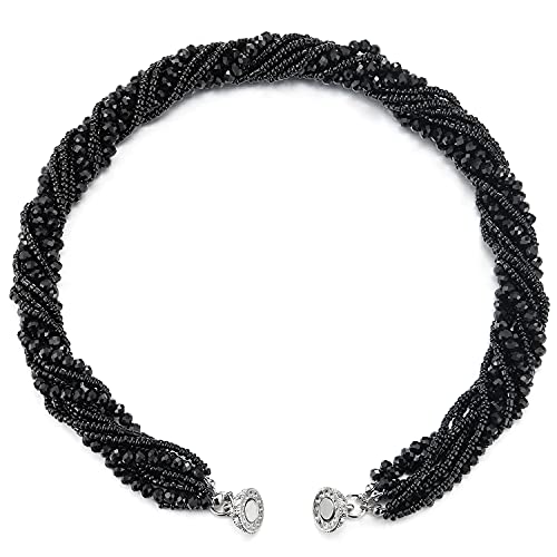 COOLSTEELANDBEYOND Multi-Layer Beads Crystal Braided Chain Choker Collar Magnetic Clasp,Statement Necklace, Bracelet - color: B1-Necklace Black Color