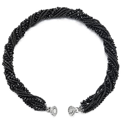 COOLSTEELANDBEYOND Multi-Layer Beads Crystal Braided Chain Choker Collar Magnetic Clasp,Statement Necklace, Bracelet - color: B1-Necklace Black Color