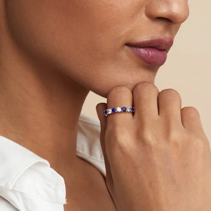 Birthstone Wedding Band Eternity Rings 925 Sterling Silver Rings Stackable Anniversary Engagement Rings Cubic Zirconia Inlaid Created Garnet/Amethyst/Sapphire Ring 7 Stone Ring, Size 6 to 10 - color: Blue Sapphire & 5A CZ