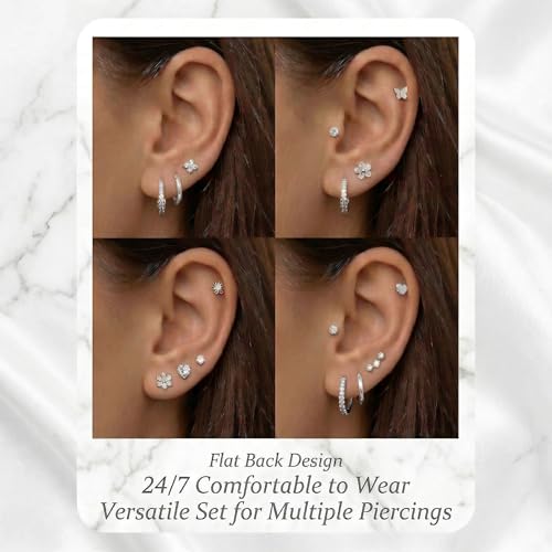 Surgical Stainless Steel Stud Earrings Set for Women | Hypoallergenic, Sensitive Flat Back, Small Cute Hoop Earring Sets, Lobe Helix Cartilage Stacks, Multiple Piercing Jewelry - color: Silver