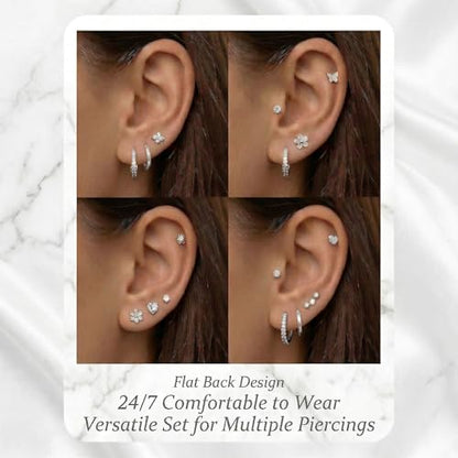 Surgical Stainless Steel Stud Earrings Set for Women | Hypoallergenic, Sensitive Flat Back, Small Cute Hoop Earring Sets, Lobe Helix Cartilage Stacks, Multiple Piercing Jewelry - color: Silver