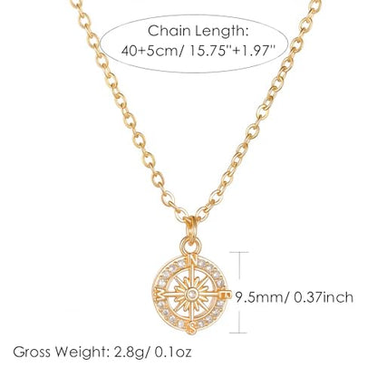 Gold Compass Charm Necklace for Women, Trendy Simple Dainty Inspirational Compass Butterfly Bow Knot Red Christmas Mug Sun Friendship Necklaces Graduation Gifts - style: Compass-A