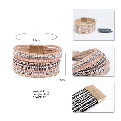 Artilady Leather Wrap Bracelet for Women, Pearl Beaded Bangle Stack Jewelry | Easy on-off, Elegant Handmade Multi-Layered, Daily Casual Date Beach Vacation, Gift for Ladies, Mother, Sister & Friend - style: Shining Pink