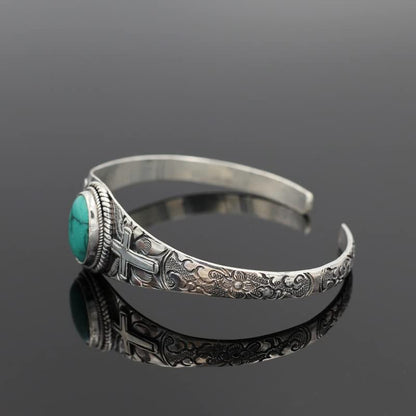 COLORFUL BLING Bohemian Turquoise Engraved Cuff Bracelet Natural Stone Adjustable Wrap Bangle Western Style Gemstone Boho Jewelry for Women - color: Cross