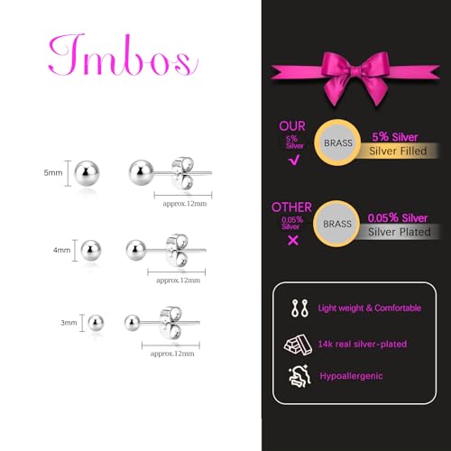 IMBOS Pearl Earrings 14k Gold Plated Daisy Flower Stud Earrings for Women Ball Stud Flat Back Earring Hypoallergenic Statement Earring Trendy Jewelry Gift for Women - color: Silver-Ball 3,4,5