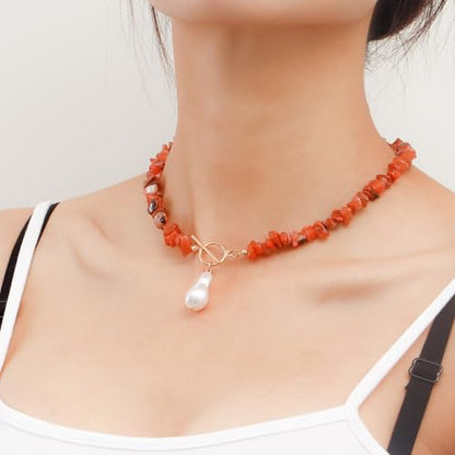 Bohemian Stone Pearl Choker Necklace for Women Dainty Natural Irregular Stone Choker Turquoise Beaded Lariat Necklace Simple Fashion OT Toggle Spiritual Handmade Jewelry - color: Red