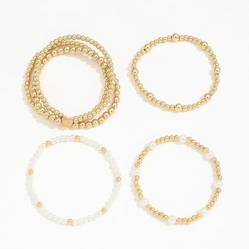 Pearl Bracelets for Women Simulated Pearl Beaded Bracelet White Pearls Stackable Stretch Bracelet Set Multilayered Elastic Pearls Bracelets for Women Bridesmaid Bridal Jewelry - color: gold heart