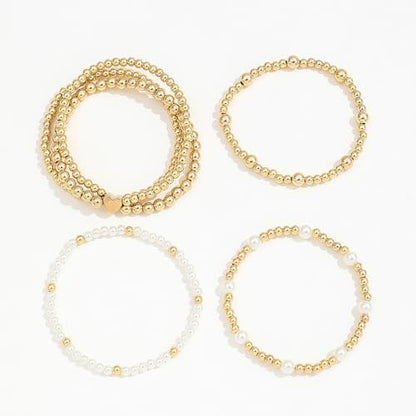 Pearl Bracelets for Women Simulated Pearl Beaded Bracelet White Pearls Stackable Stretch Bracelet Set Multilayered Elastic Pearls Bracelets for Women Bridesmaid Bridal Jewelry - color: gold heart