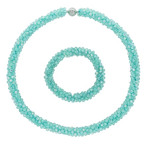 Hand Knotted Beads Statement Necklace Bracelet Jewelry Set Artificial Crystal Choker for Women- Handmade Beaded Strand Sparkly Faceted Crystal Rondelle-17inches, 30 Colors - color: Light Green-AB