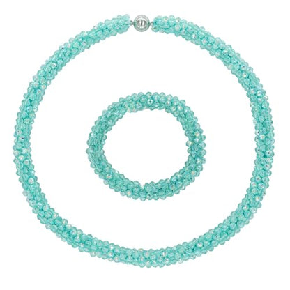 Hand Knotted Beads Statement Necklace Bracelet Jewelry Set Artificial Crystal Choker for Women- Handmade Beaded Strand Sparkly Faceted Crystal Rondelle-17inches, 30 Colors - color: Light Green-AB