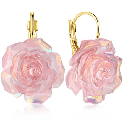 Handmade Bohemian Aesthetic Dainty Acrylic Flower Petal Leverback Earrings Sparkly 14K Gold Floral Dangle Drop Earrings for Women - color: Light Pink