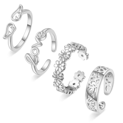 Toe Rings for Women,Silver Plated Stylish Adjustable Toe Band Rings, Summer Beach Foot Jewelry - Perfect for Vacation, Daily Wear - style: 4 Pcs