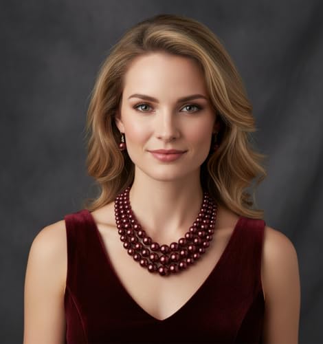 Fashion 21 Women's Faux Pearl Three Multi-Strand Statement Necklace and Earrings Set - color: Burgundy Wine