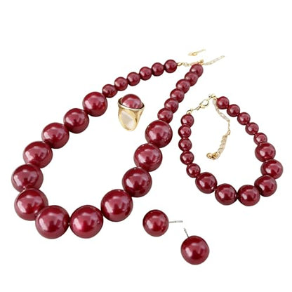 xuzhiyuan Statement Pearl Jewelry Set for Women - Includes Necklace, Bracelet, Earrings, and Ring | Colorful Faux Pearl Fashion Jewelry Set for Party, Wedding, Daily Wear - color: Dark Red