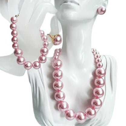 xuzhiyuan Statement Pearl Jewelry Set for Women - Includes Necklace, Bracelet, Earrings, and Ring | Colorful Faux Pearl Fashion Jewelry Set for Party, Wedding, Daily Wear - color: Pink