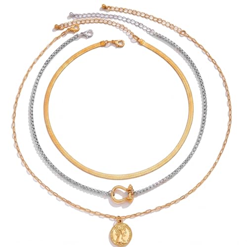 3 Pcs Layered Necklaces for Women, Stackable Statement Jewelry | Trendy stackable jewelry set! 3 separate lightweight chains. Perfect statement gift for women to elevate any daily outfits. - color: Silver Gold (Coin Stack)